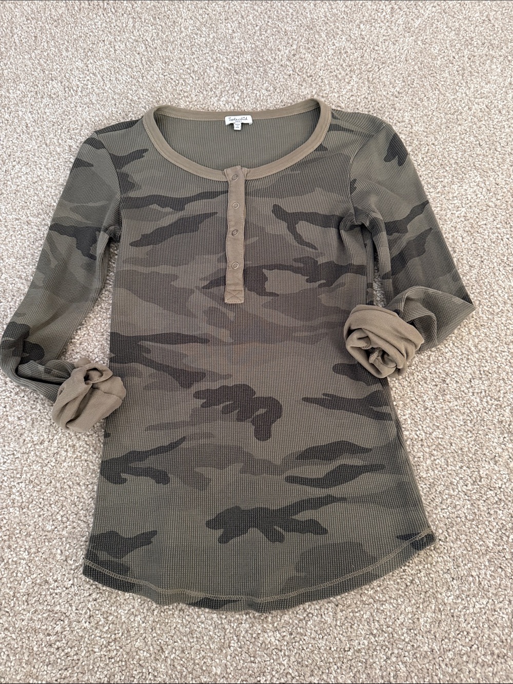 Splendid Olive Green Camo Henley Ribbed Long Sleeve Top
